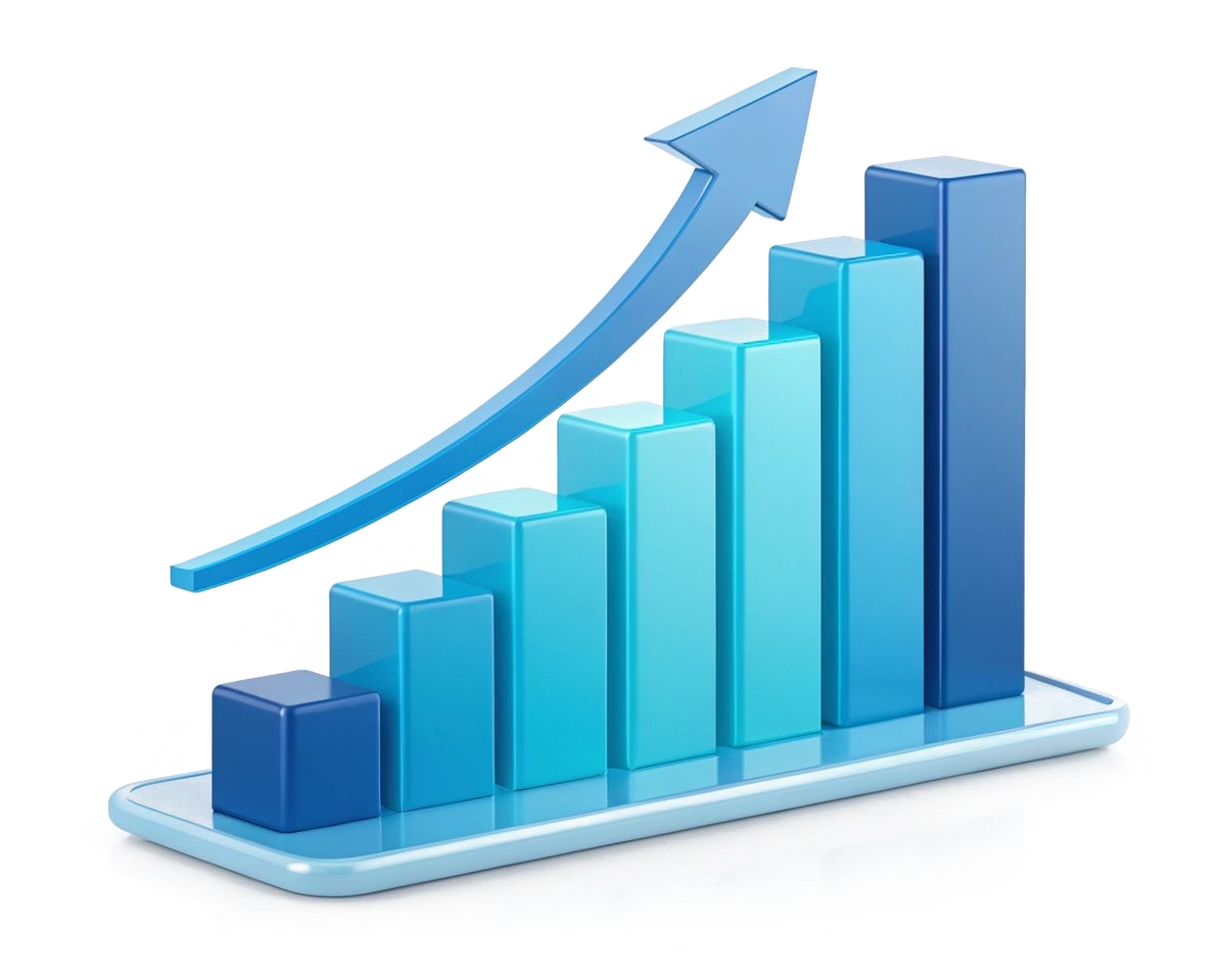 A glossy blue bar chart rising into an upward arrow, representing growth